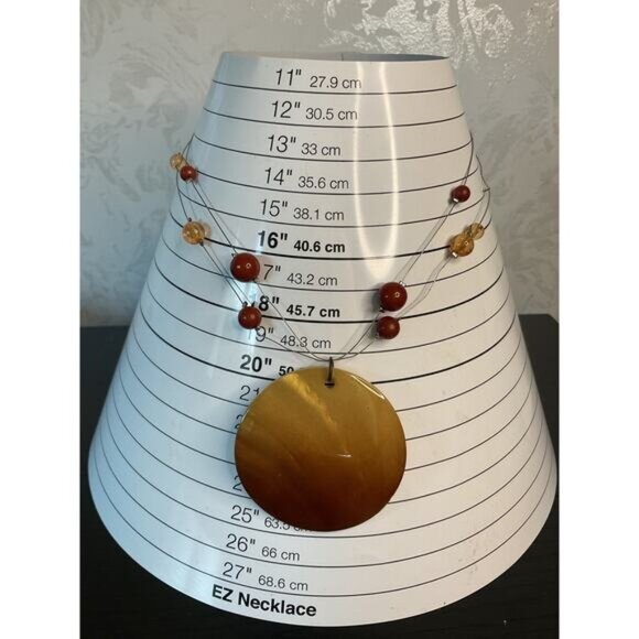 Multilayered Wire Necklace With Brown Beads Large Round Pendant Adjustable Chain - Picture 2 of 4